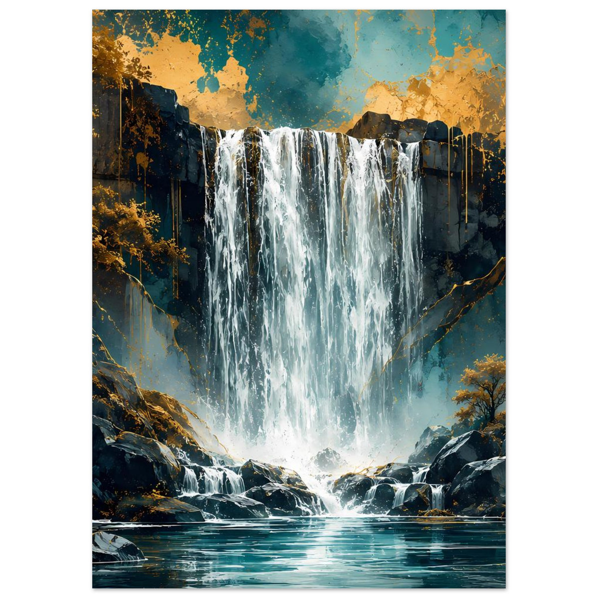Wasserfall-Poster, türkis-weißes Wasser strömt zwischen dunklen Felsen