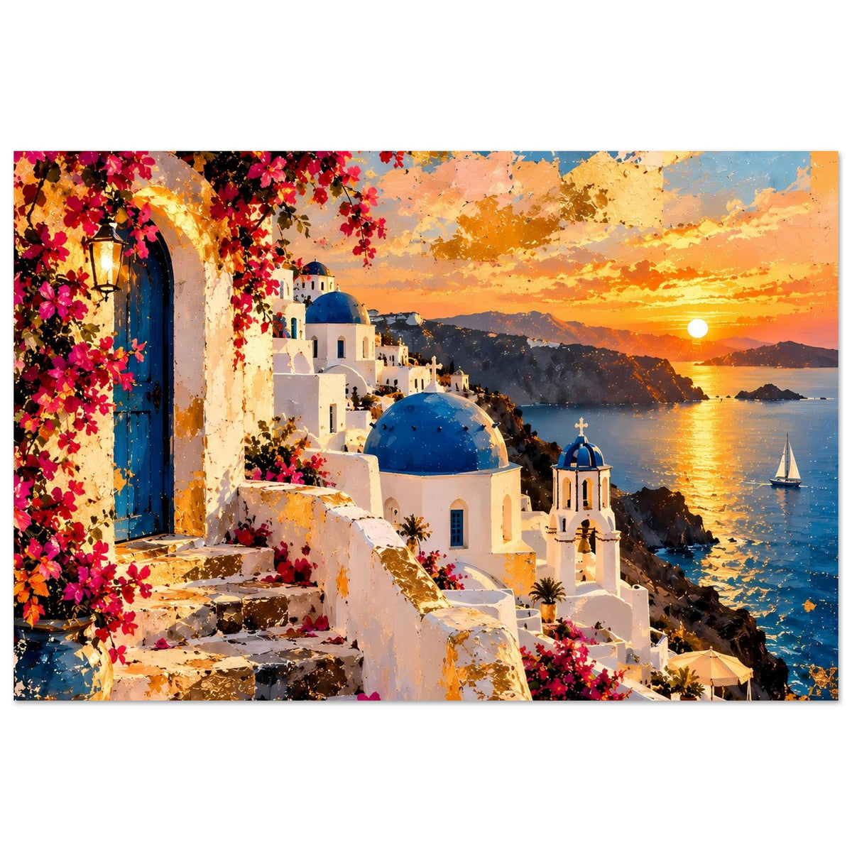 Poster mit Santorini-Ansicht: blauer Kuppel, Küste mit Segelbooten und leuchtendem Sonnenuntergang