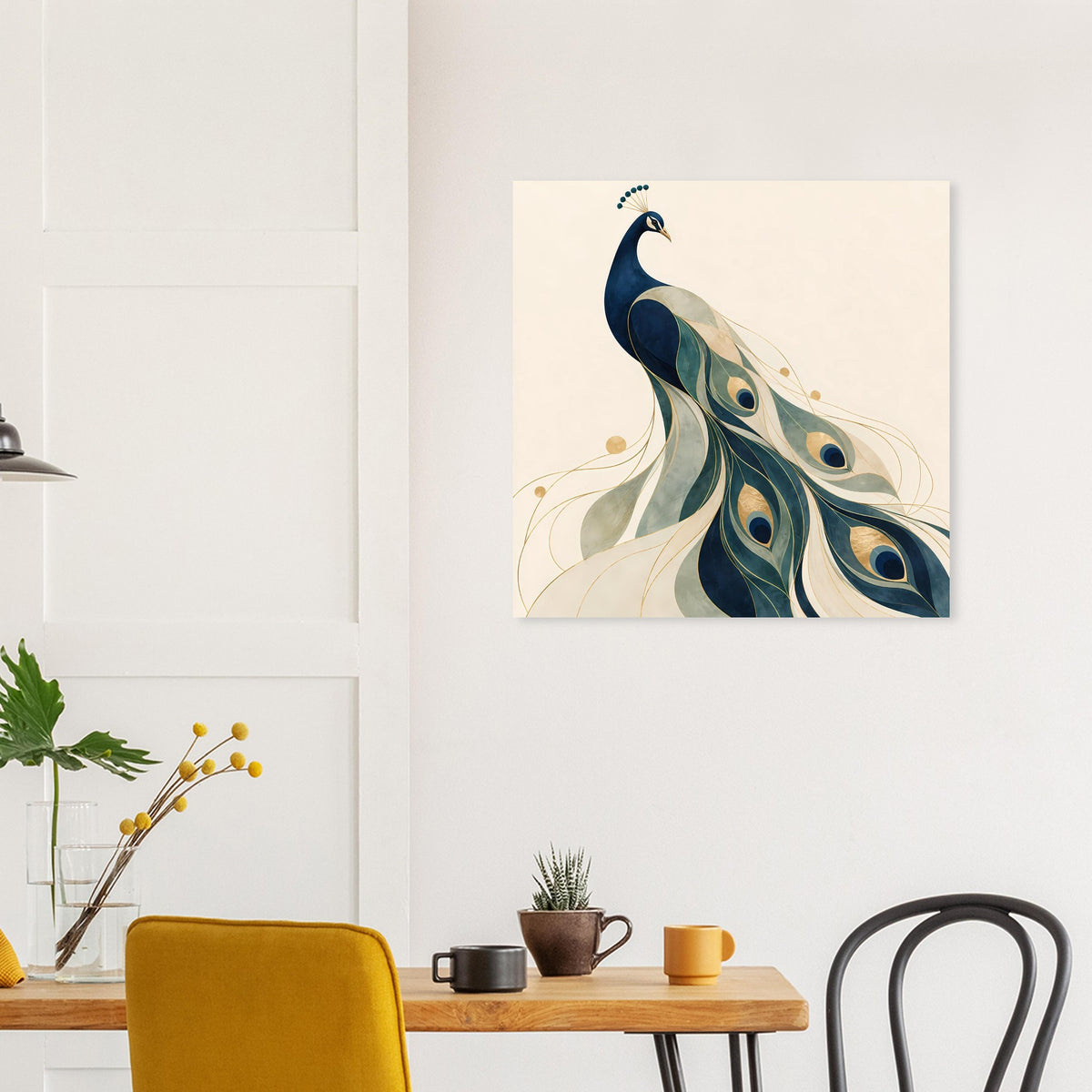 Pfauenporträt-Poster mit blauem Pfau, grünen Augenfedern und goldenen Zierlinien, zentriert