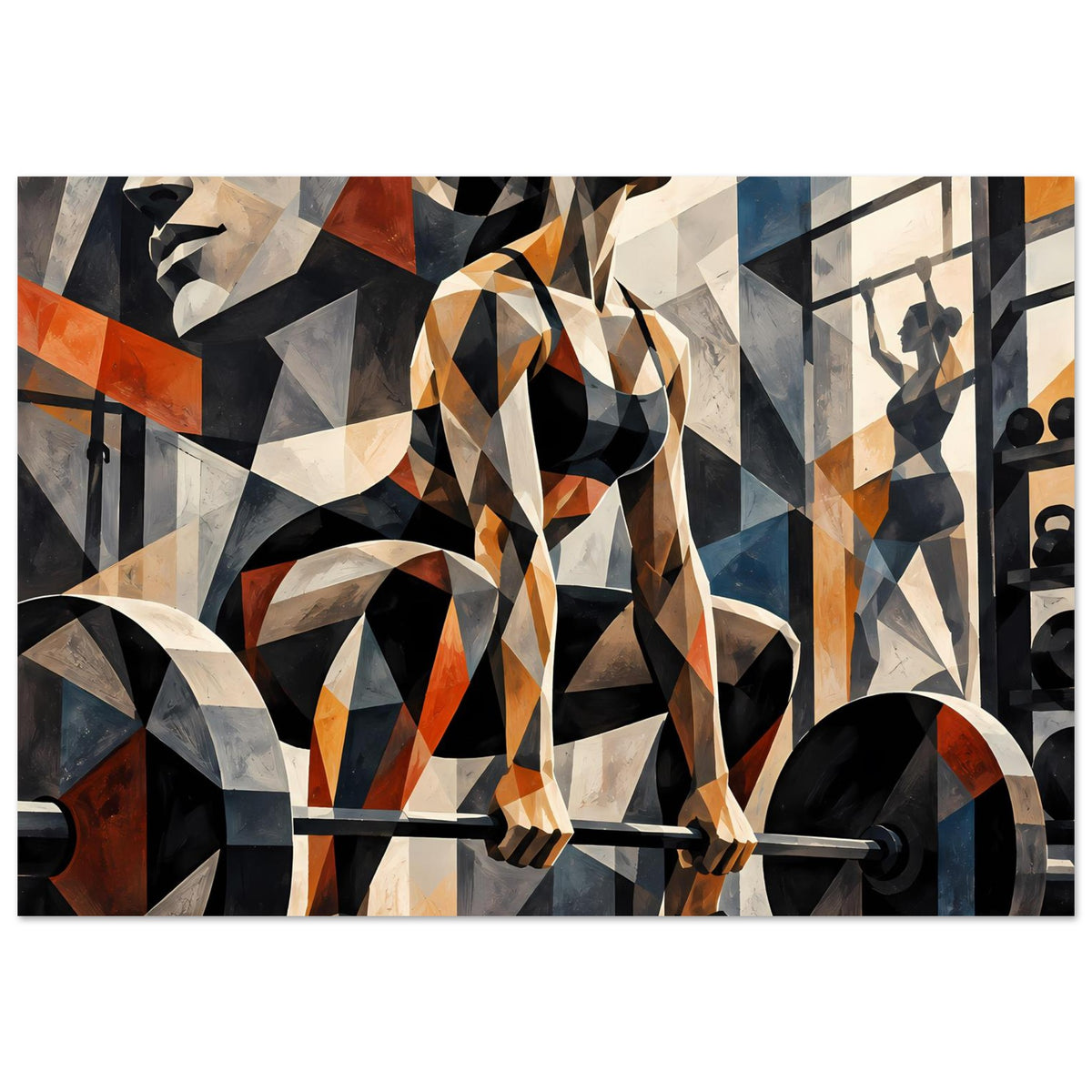 Abstraktes Fitness-Poster mit geometrischem Krafttraining-Motiv, Langhantel, Schwarz/Orange/Blau