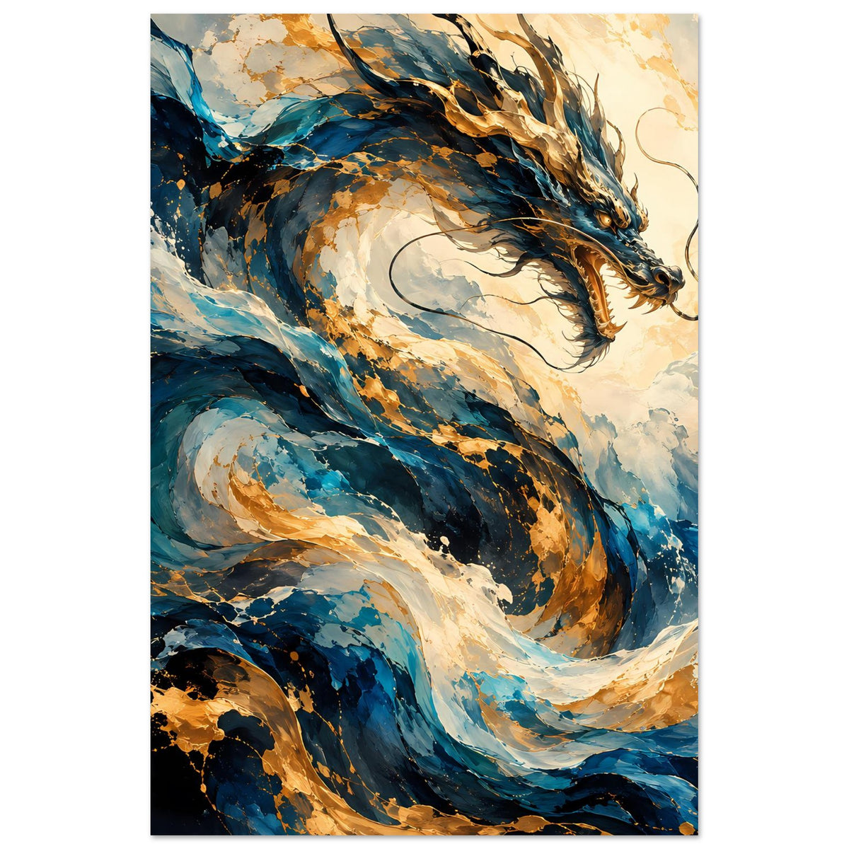 Fantasy-Drachenposter im Hochformat, Drachenkopf mittig, Blau- und Goldpalette