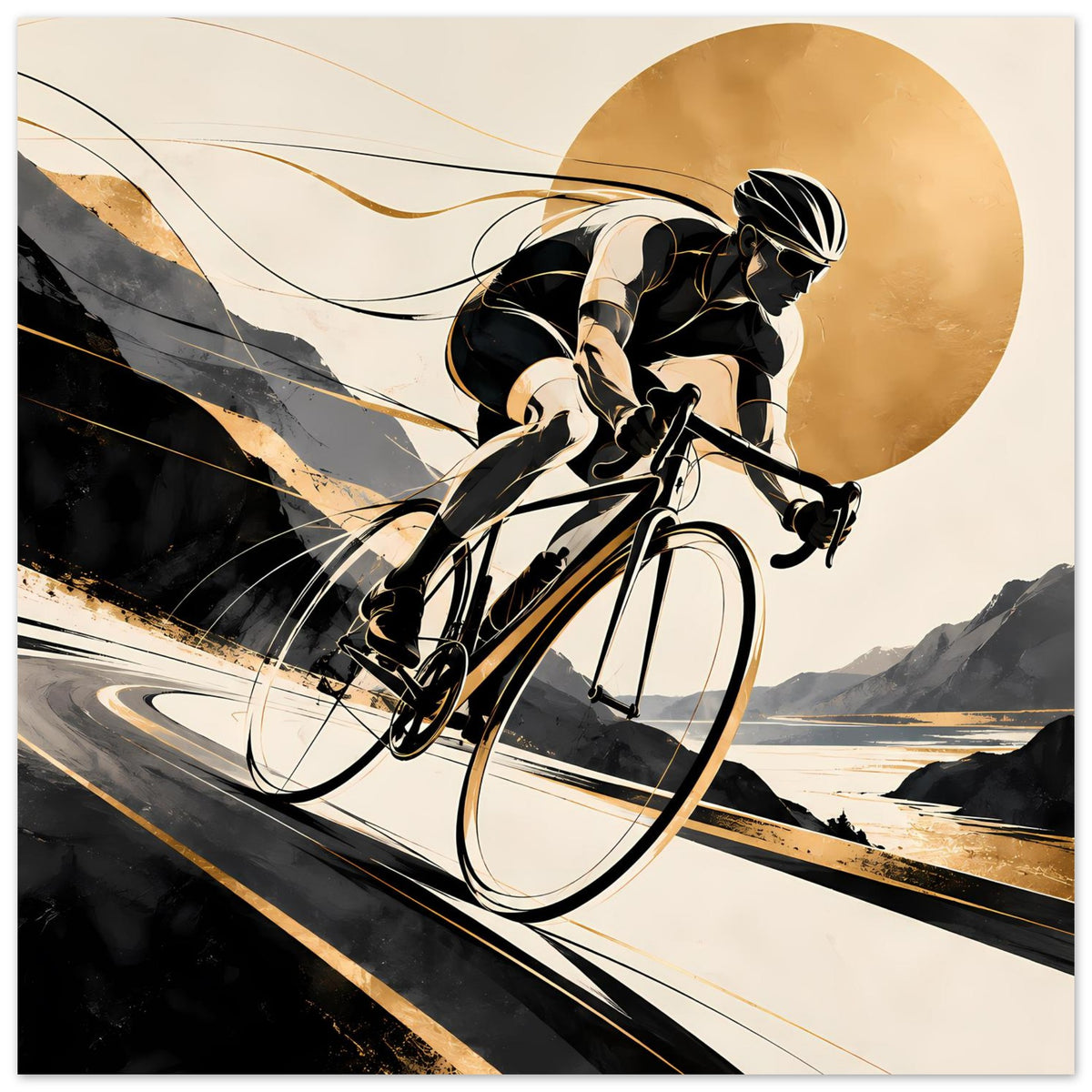 Sportposter: Radfahrer auf Fahrrad in Schwarz und Gold, dynamische Linien