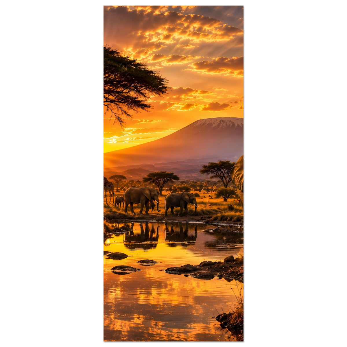 Hochformatiges Premium Poster mit Elefant, Zebras und Giraffen am Fluss bei Sonnenuntergang