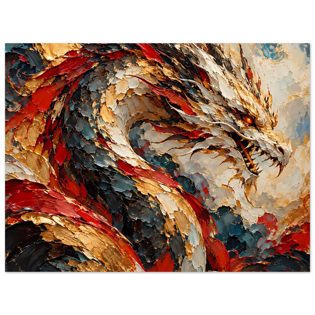 Fantasy-Poster mit Drachenprofil, Flügel in Rot-Gold und dunklem Blau, große Detailaufnahme