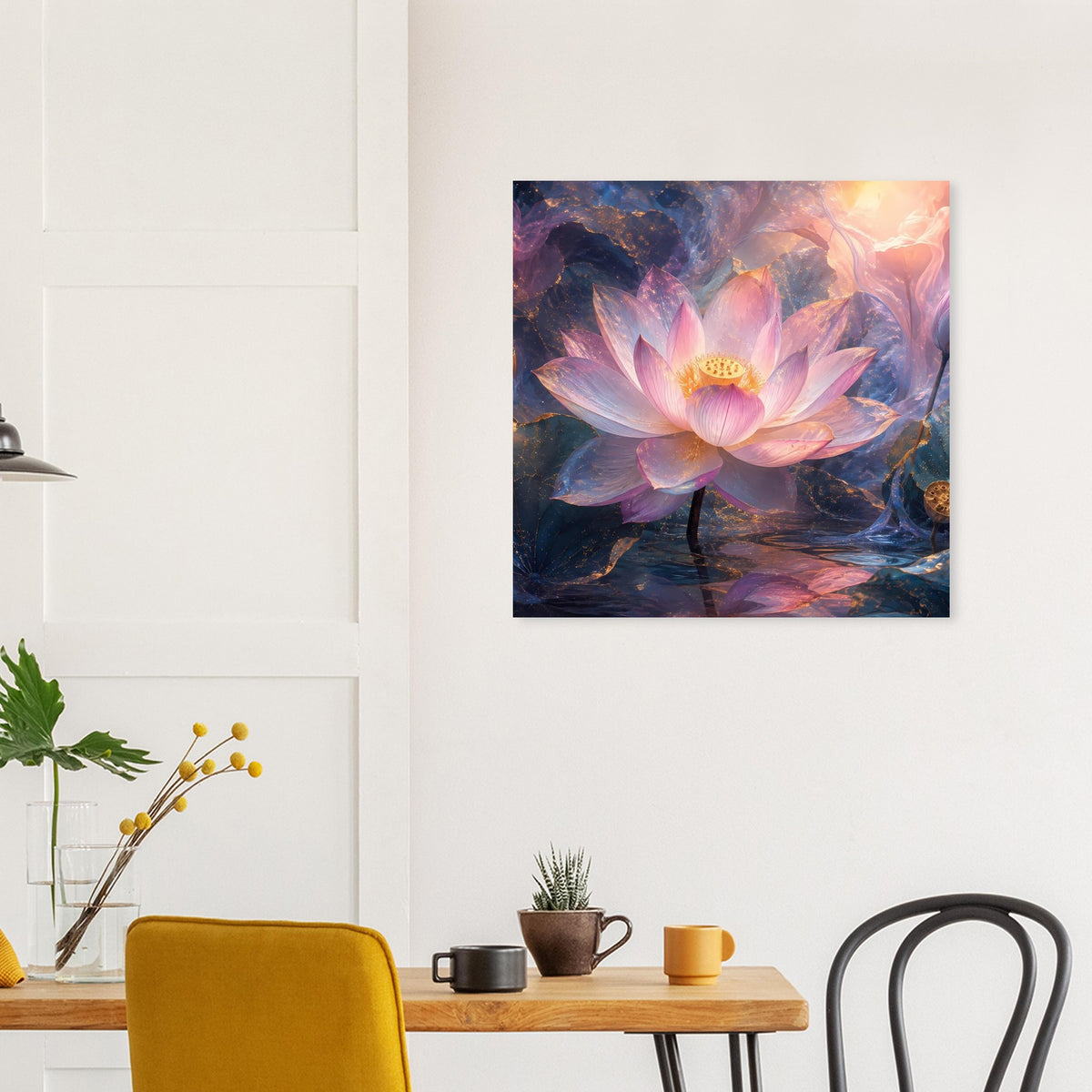 Quadratisches Lotusblüten-Poster mit rosa Blüte, goldenem Zentrum und mehrfarbigem Nebellicht