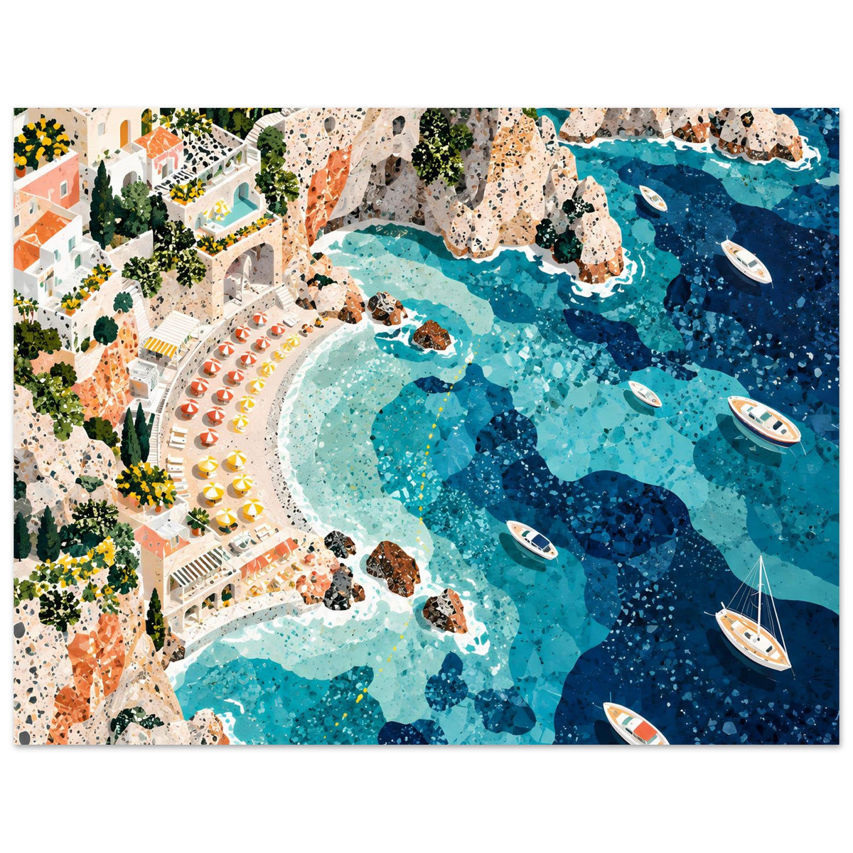 Mediterrane Küstenlandschaft mit Villen, sonnigen Felsklippen und türkisblauem Meer in Mosaikoptik – Posteransicht 40