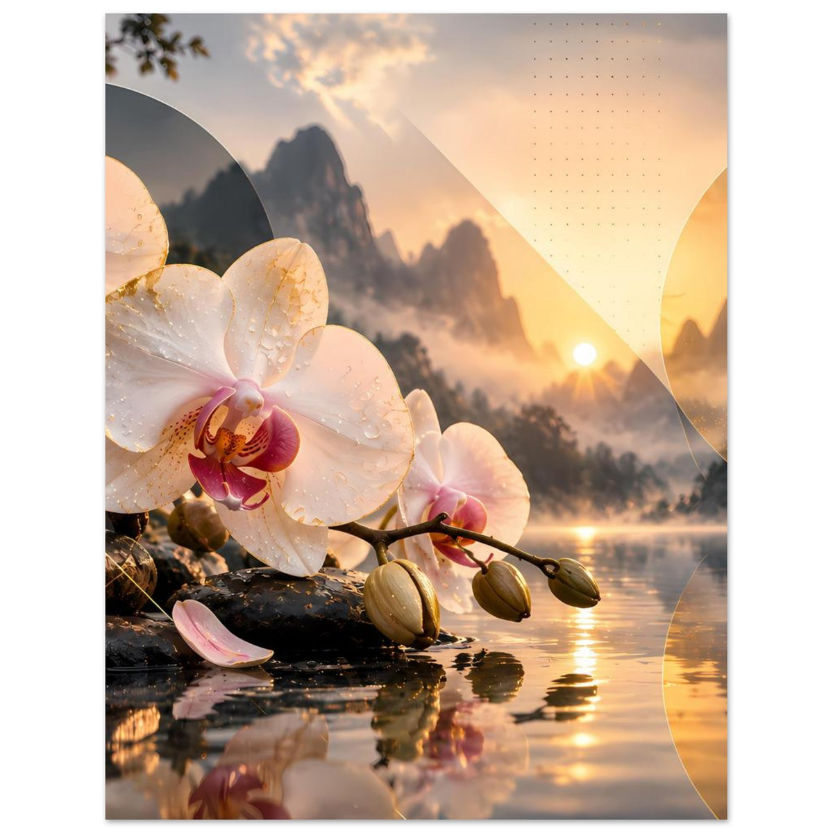 Blumenposter mit weißen Orchideenblüten und Landschaft bei Sonnenuntergang, im Querformat