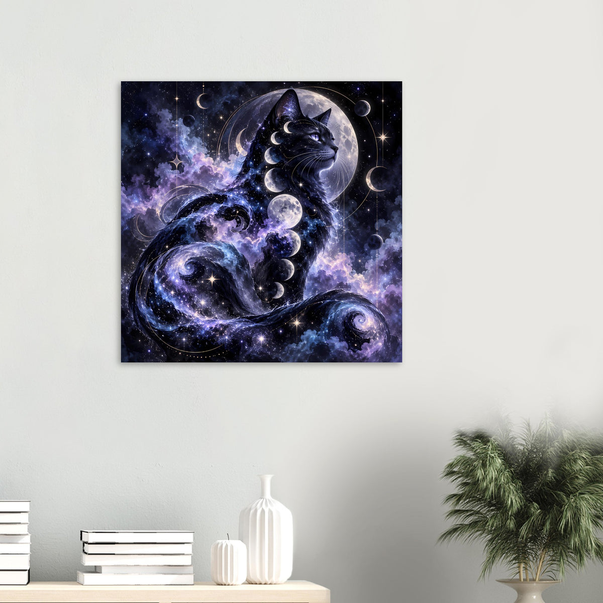 Quadratisches Poster mit schwarzer Katze, großer Mondscheibe und Sternenhimmel