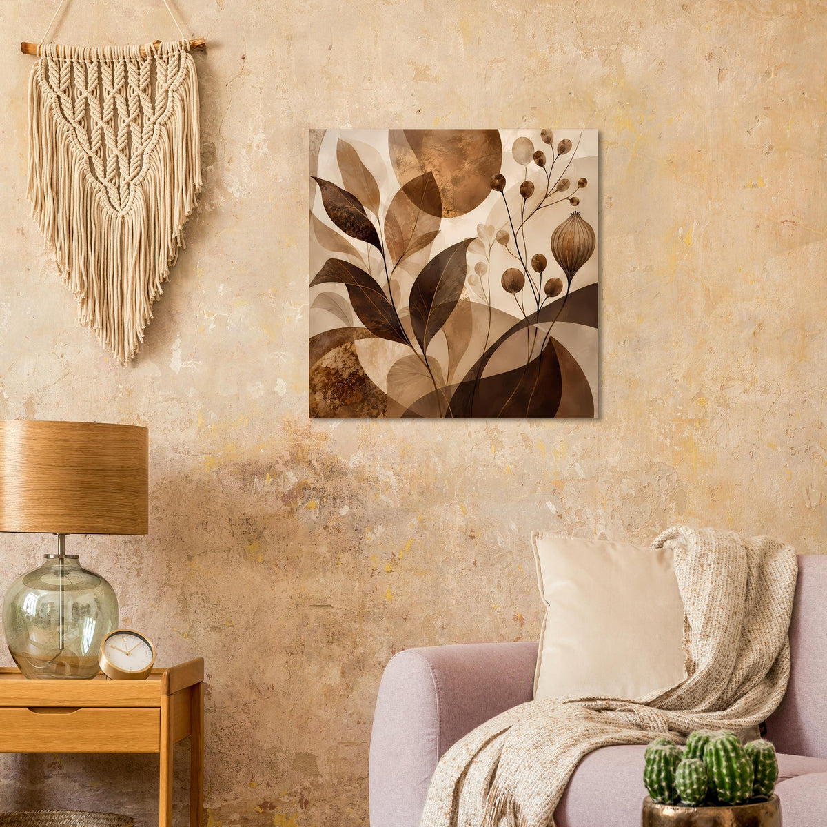 Quadratisches Blumenposter mit abstrakten Blatt- und Blütendetails in warmem Braun/Beige