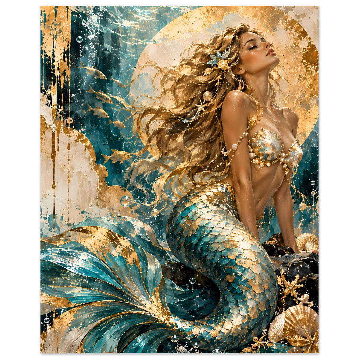 Meerjungfrauen-Poster im Hochformat: goldene Haare, Perlenkette und Flossen