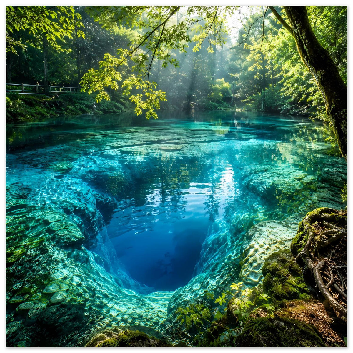 Rechteckiges Poster mit Wasserbecken im grünen Wald, Felsgrotte und Sonnenstrahlen durch Bäume