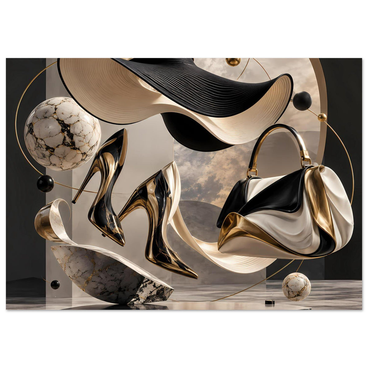 Modekunst-Poster: hohe Schuhe, Handtasche und Hüte in Schwarz-Gold