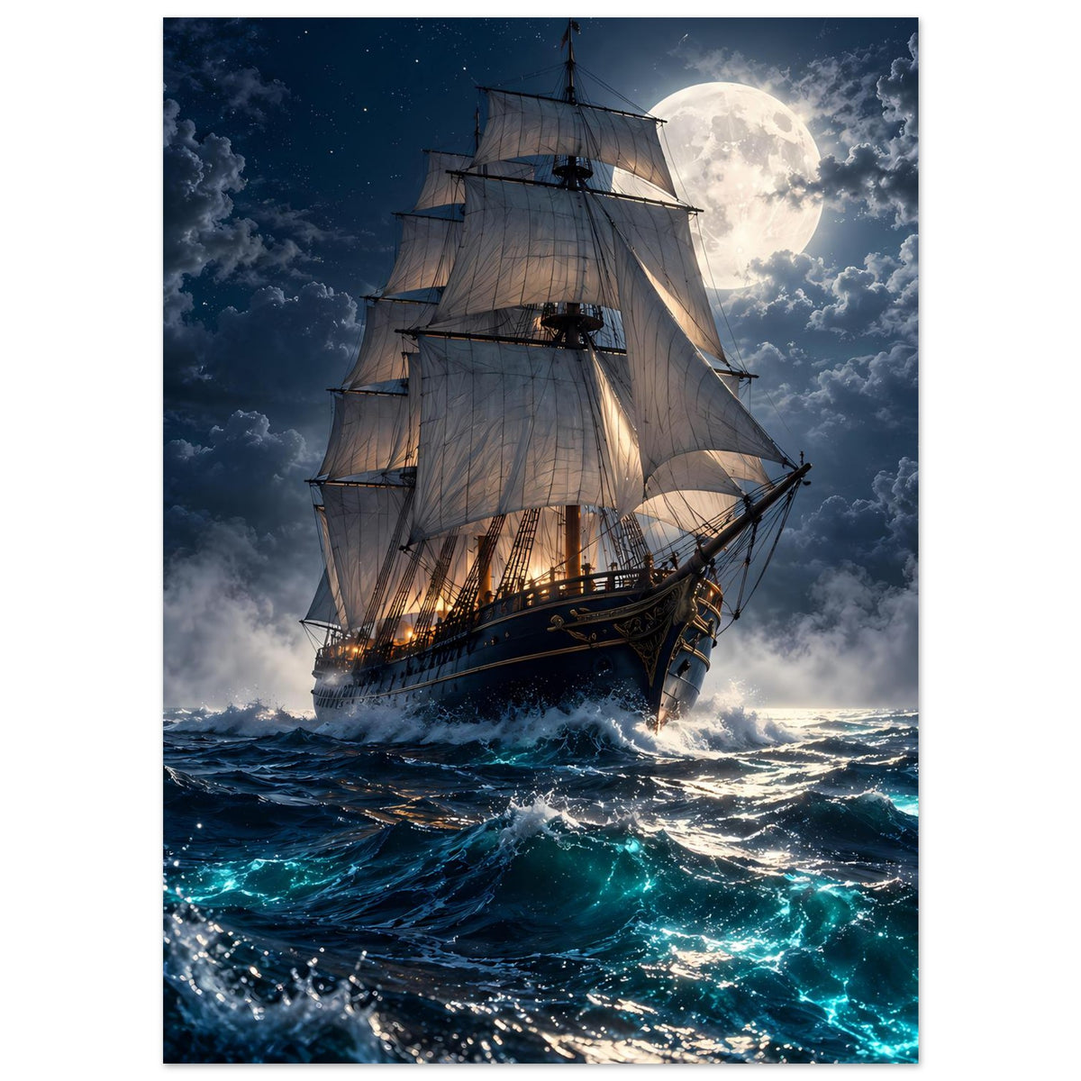 Poster im Hochformat: Segelschiff bei Vollmond, dramatische Wolken und türkis leuchtende Wellen