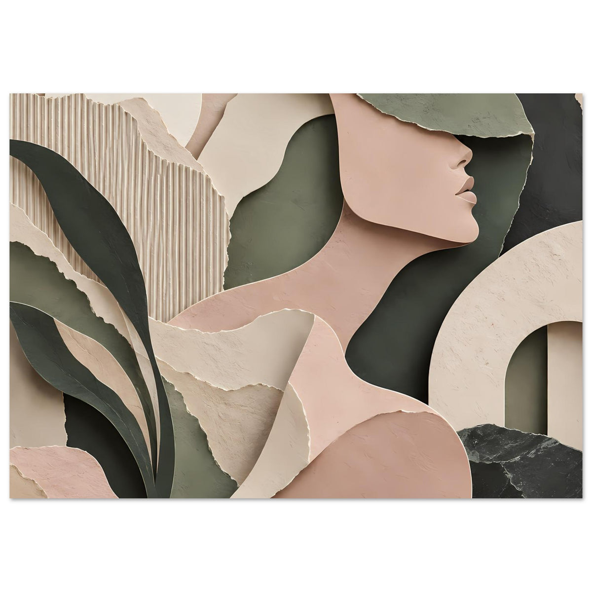 Abstraktes Frauenkunst-Poster im Querformat mit Frauenprofil, Blatt- und Wellenformen, Beige/Grün