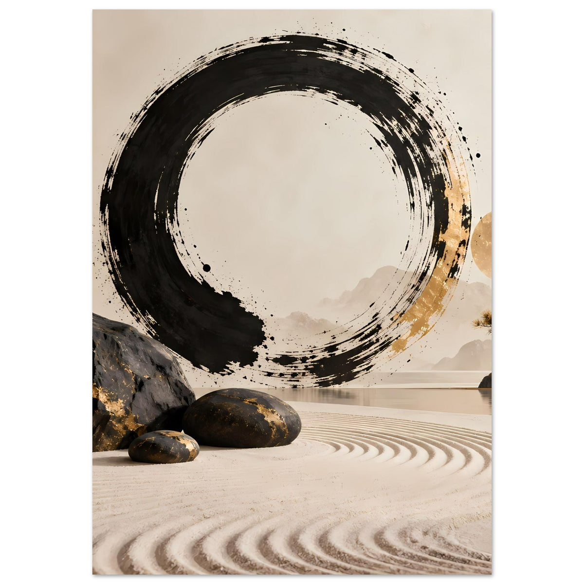 Minimalistische Tuschekunst mit schwarzem Enso-Kreis und goldener Mitte