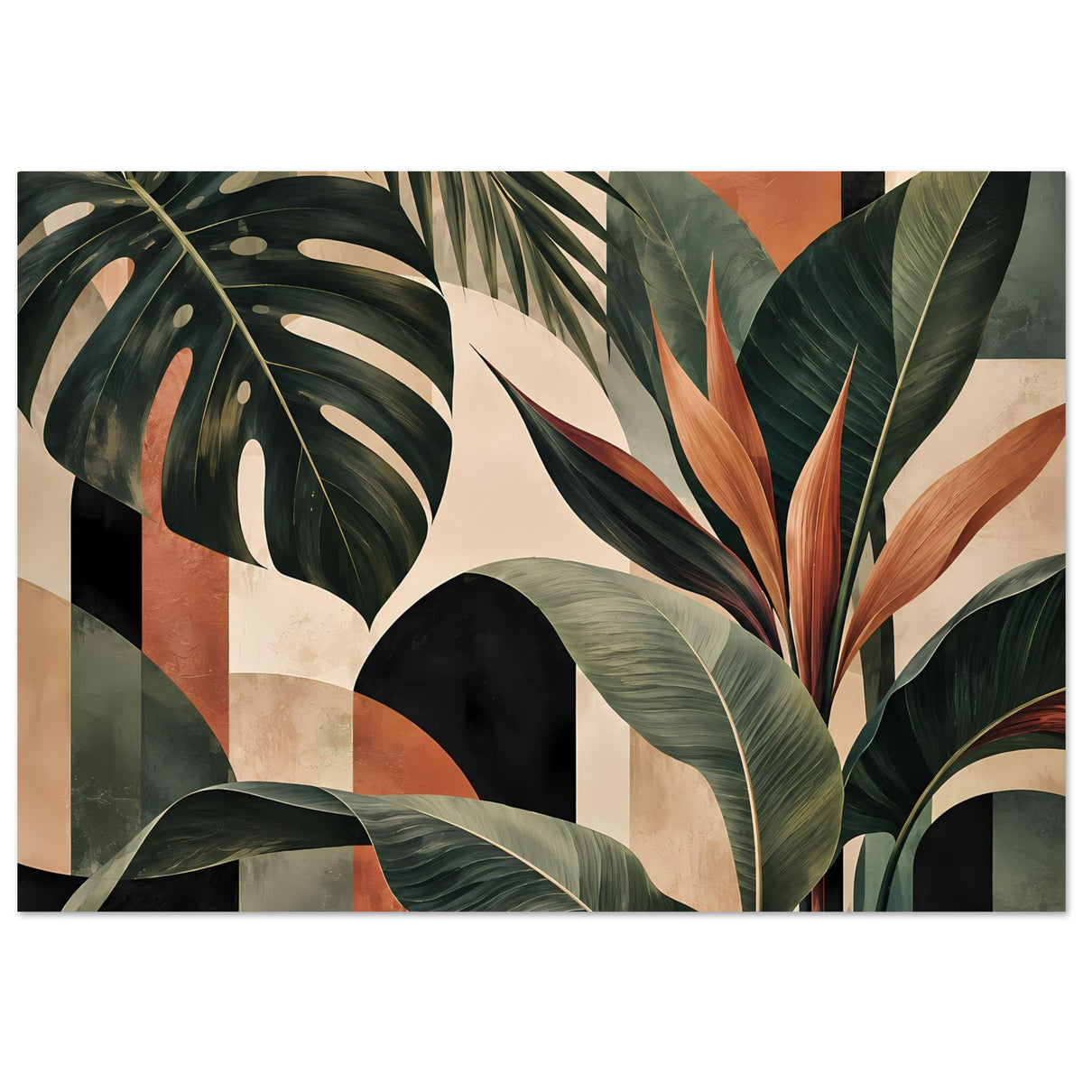 Botanisches Kunstposter mit diagonalen Blattlinien, grünen Blättern und orangefarbenem Ansatz.