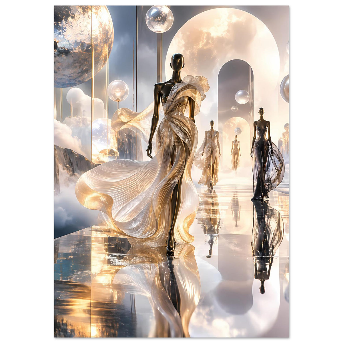 Fashion-Runway-Poster: goldene Draperiefigur mit Spiegelreflexionen und dunklen Begleitfiguren