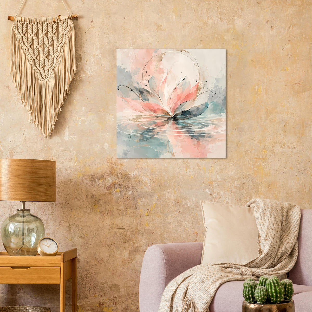 Quadratisches Florales Aquarellblüten-Poster mit rosa Blüten und pastellblauen Farbverläufen