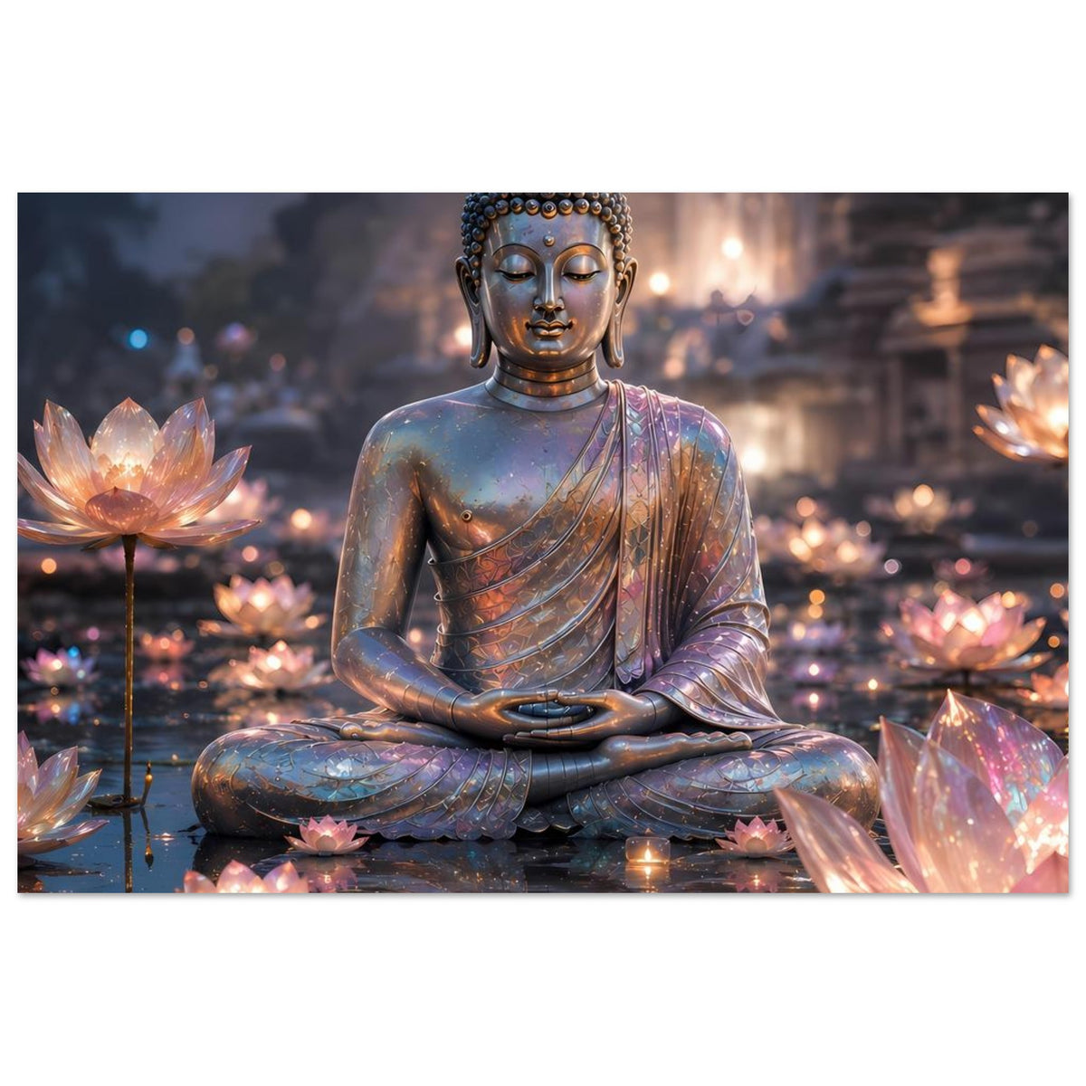 Meditationsposter mit Buddha im Lotussitz und leuchtenden Lotusblüten, gerahmte Ansicht