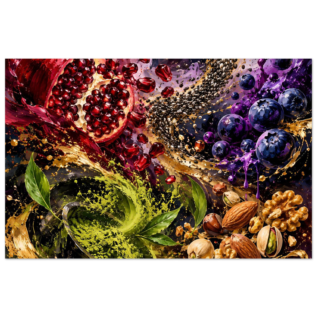 Horizontales Poster mit Granatapfel, violetten Beeren und grüner Blattspirale