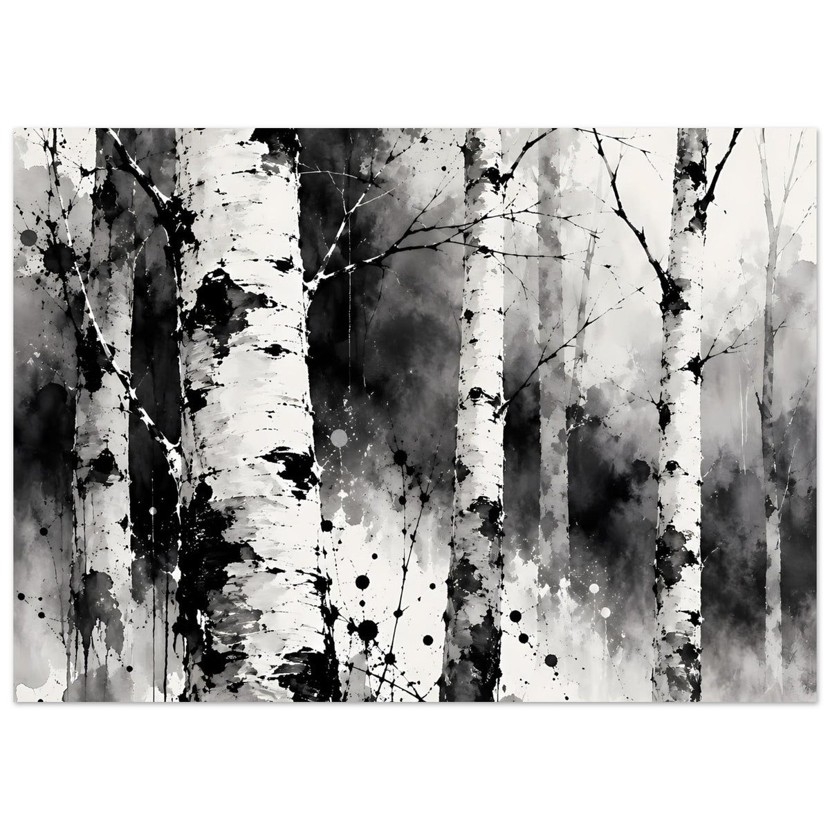 Querformat Poster mit schwarz-weißem Birkenwald, markanten Stämmen und Sprenkeln