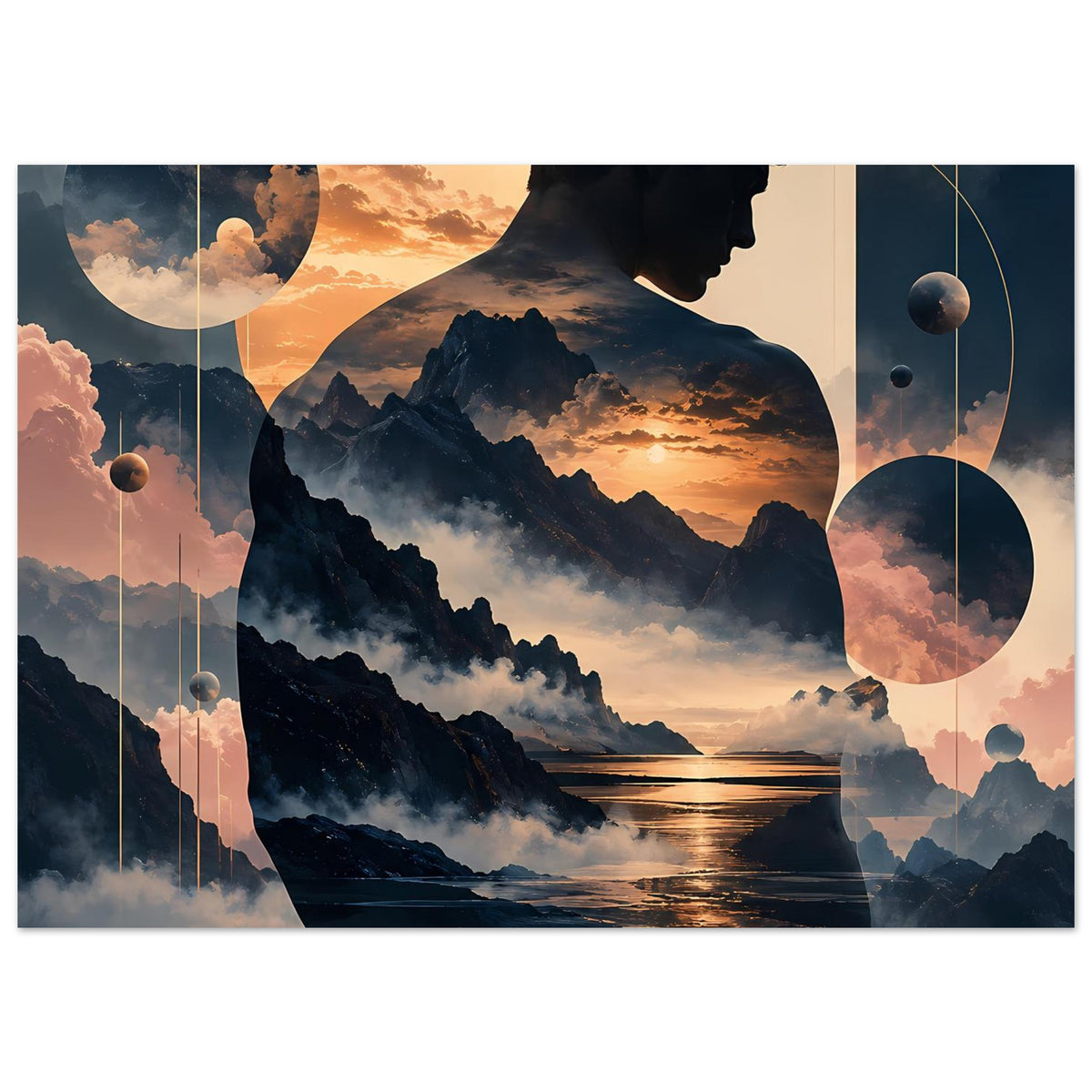 Poster mit Mannsilhouette, dichten Bergen, Wasser bei Sonnenuntergang, schwebende Kreisformen