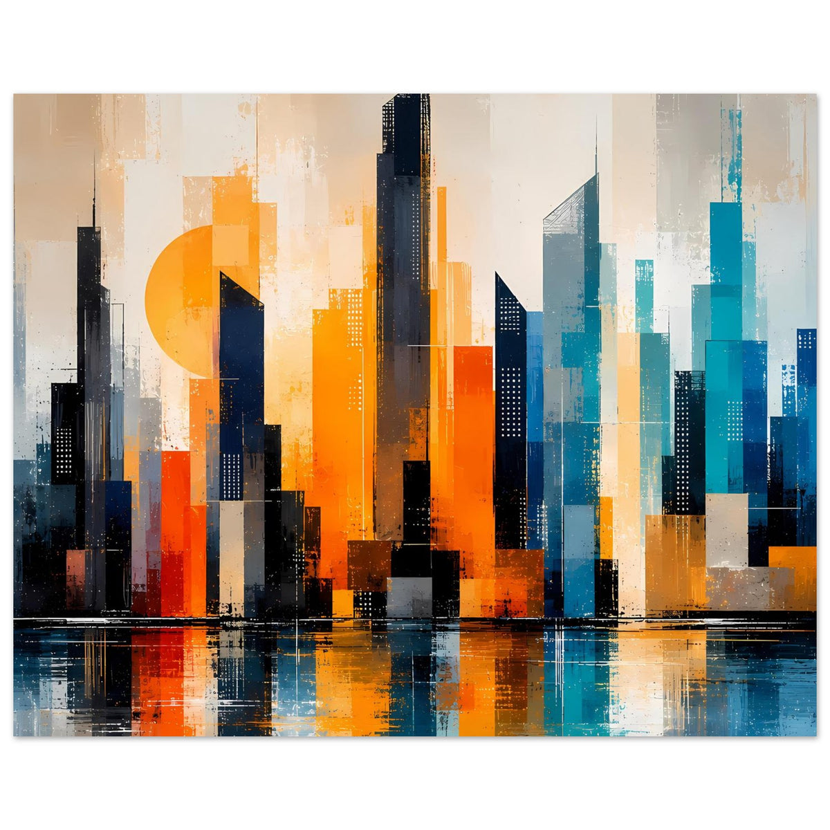 Stadtposter mit abstrakter Skyline in Orange und Türkis, horizontales Motiv, ausgeglichene Farben