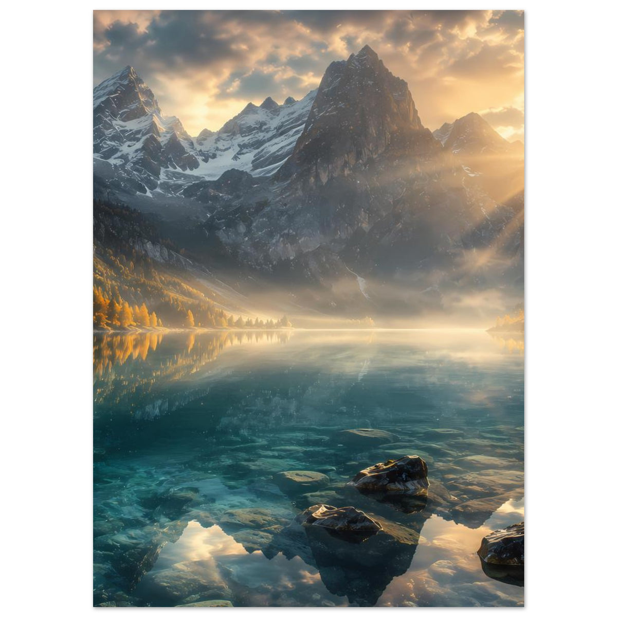 Poster mit Bergmassiv und See, Sonnenaufgang über Wolken, Felsbrocken im Wasser
