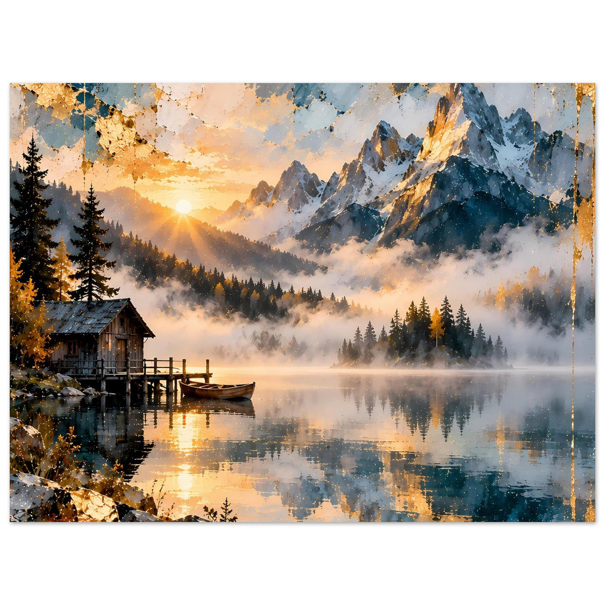 Querformatiges Poster mit Bergsee, verschneiten Bergen, Tannenwald und Hütte