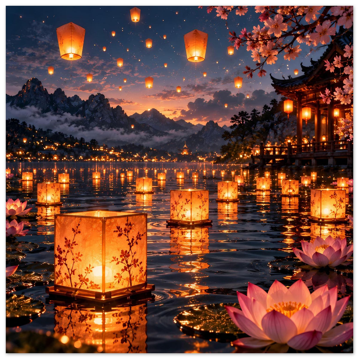 Laternenfest-Poster: viele Laternen am See, Pagode rechts, rosa Blüten im Vordergrund