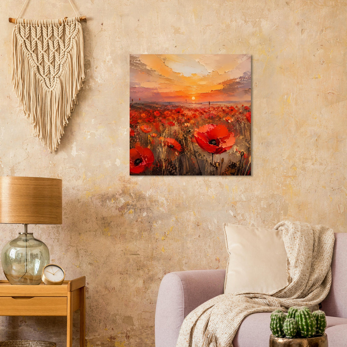 Quadratisches Poster mit Sonnenuntergang und roten Mohnblüten in einer Landschaft