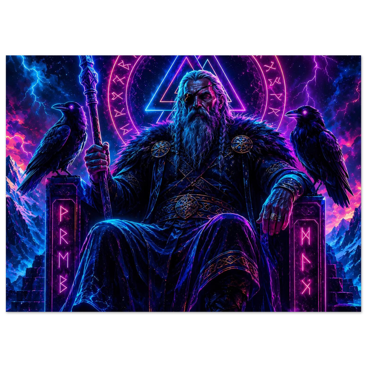 Horizontales Fantasy-Poster: Wikingergestalt mit Schwert, Raben und Neon-Runen-Kreis