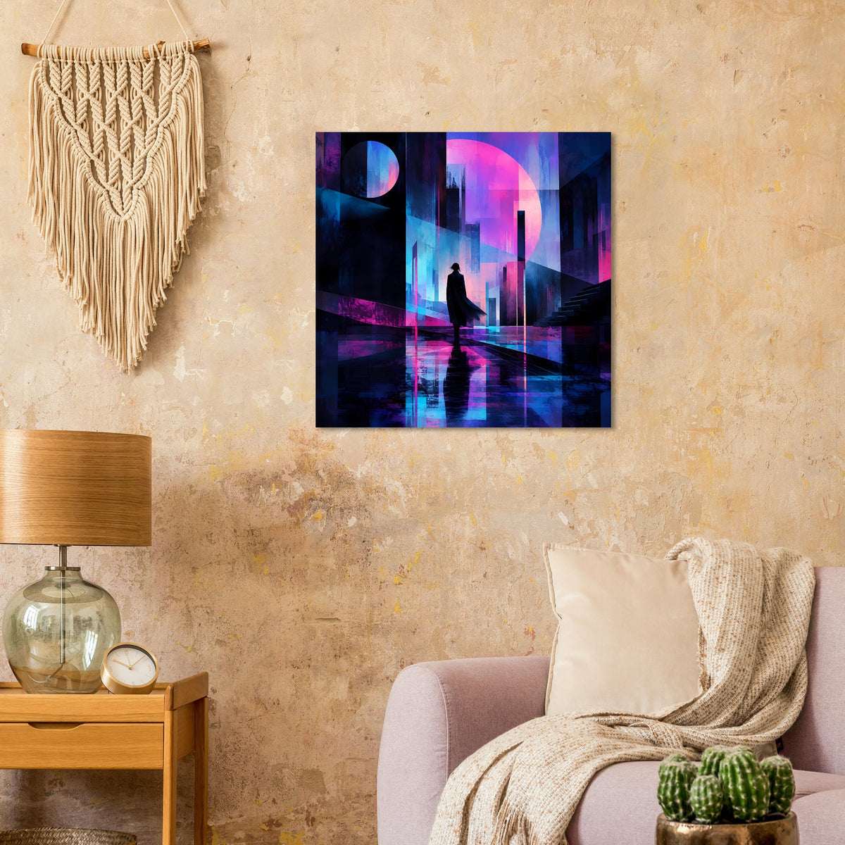 Quadratisches Poster mit abstrakter Neon-Skyline in Blau, Lila und Pink