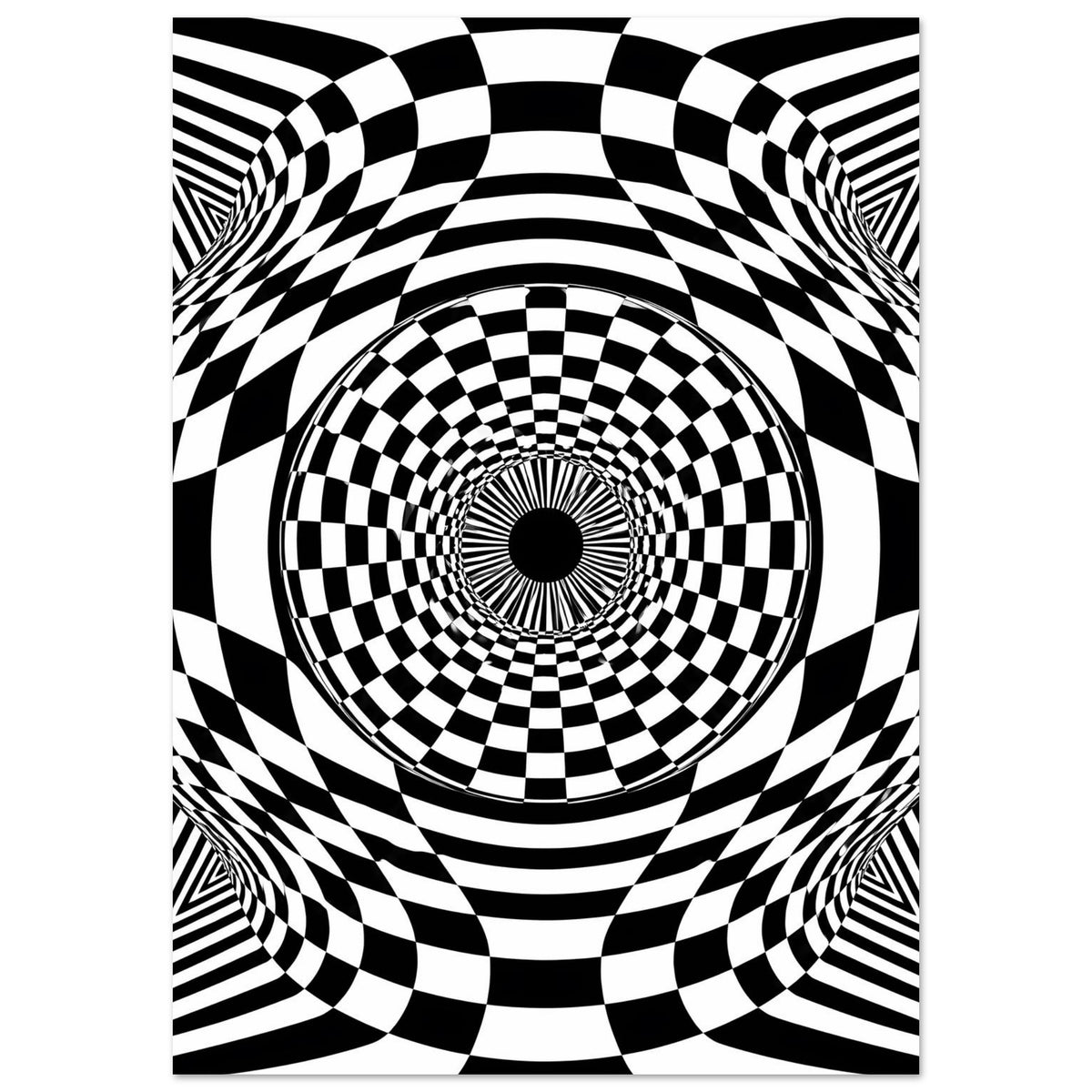 Vertikales Poster mit hypnotischem Schwarz-Weiß-Checker-Kreis und Spiralstrukturen