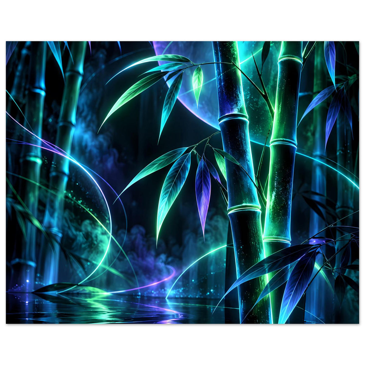 Neon-Bambusposter, horizontal: grüne, blaue und violette Bambusrohre mit Lichtspur im Wasser