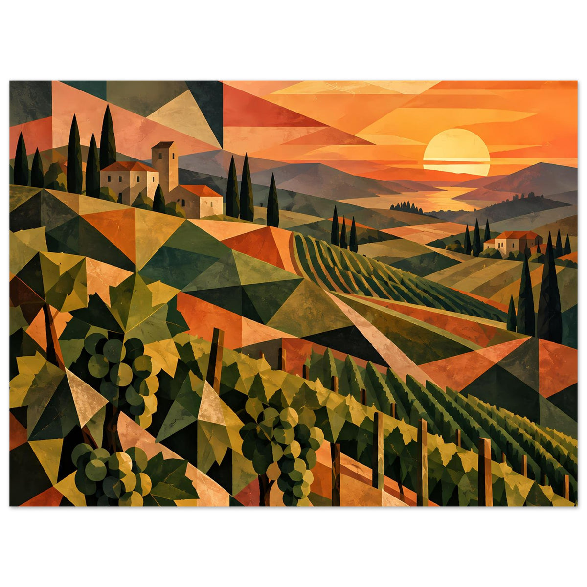 Vertikales Poster mit Weinbergen, dunklen Zypressen und geometrischem Sonnenuntergang