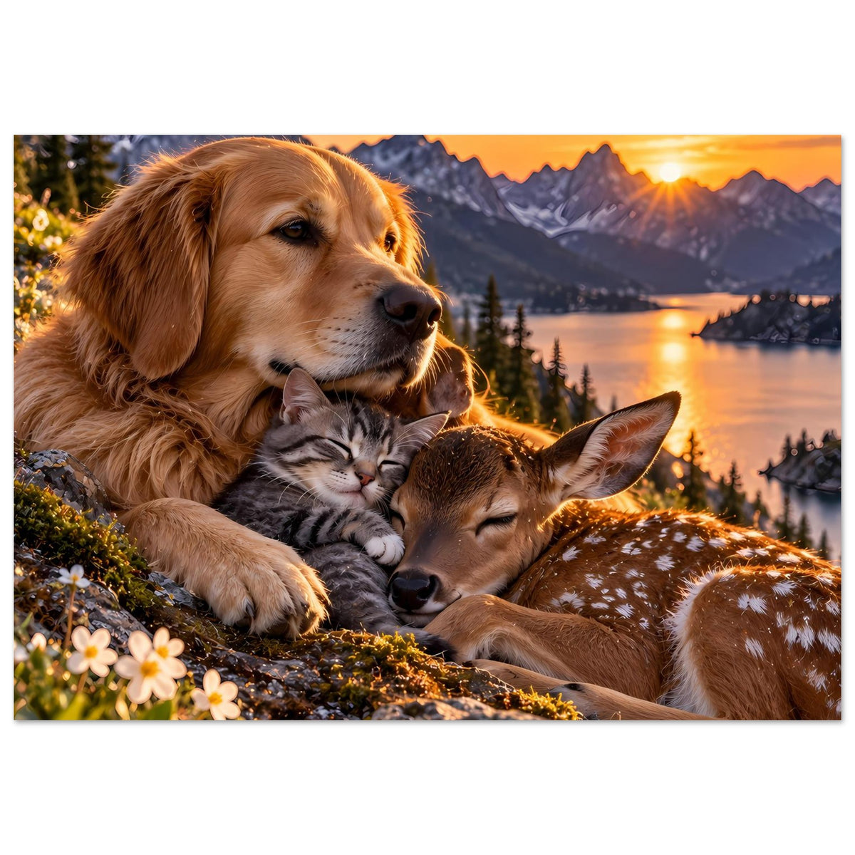 Poster: goldener Hund, Katze und Reh in inniger Umarmung bei Sonnenuntergang
