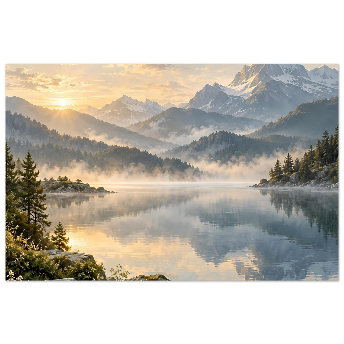 Landschaftsposter mit spiegelndem See, Bergmassiv und Dunstschichten bei Sonnenaufgang