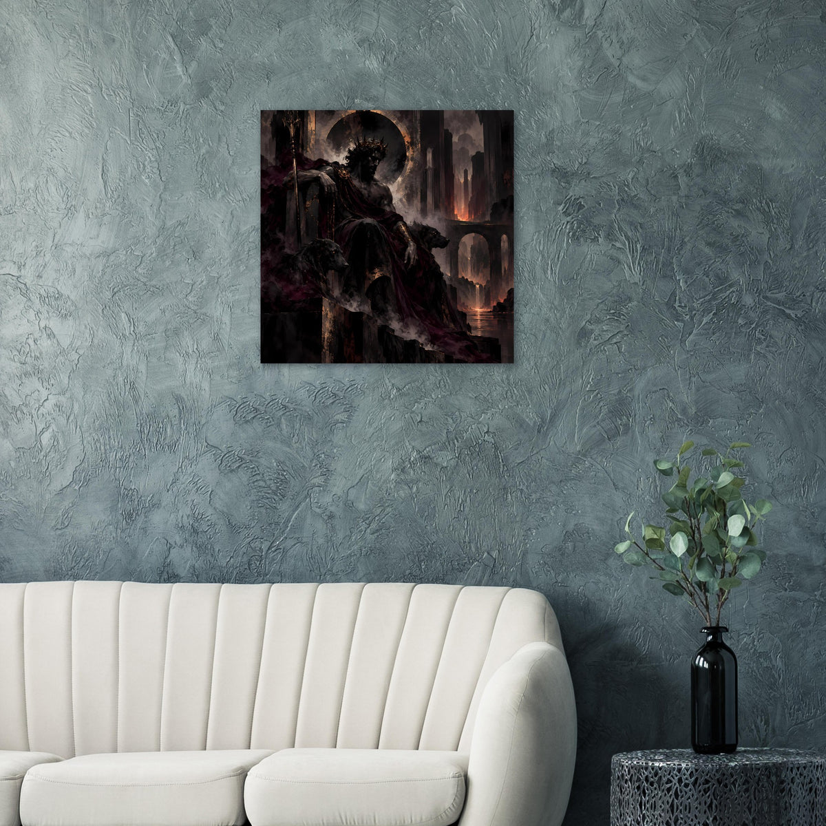 Dunkles Fantasy-Poster: Ritterfigur im Schatten, Vollmond und Feuer in der Stadt
