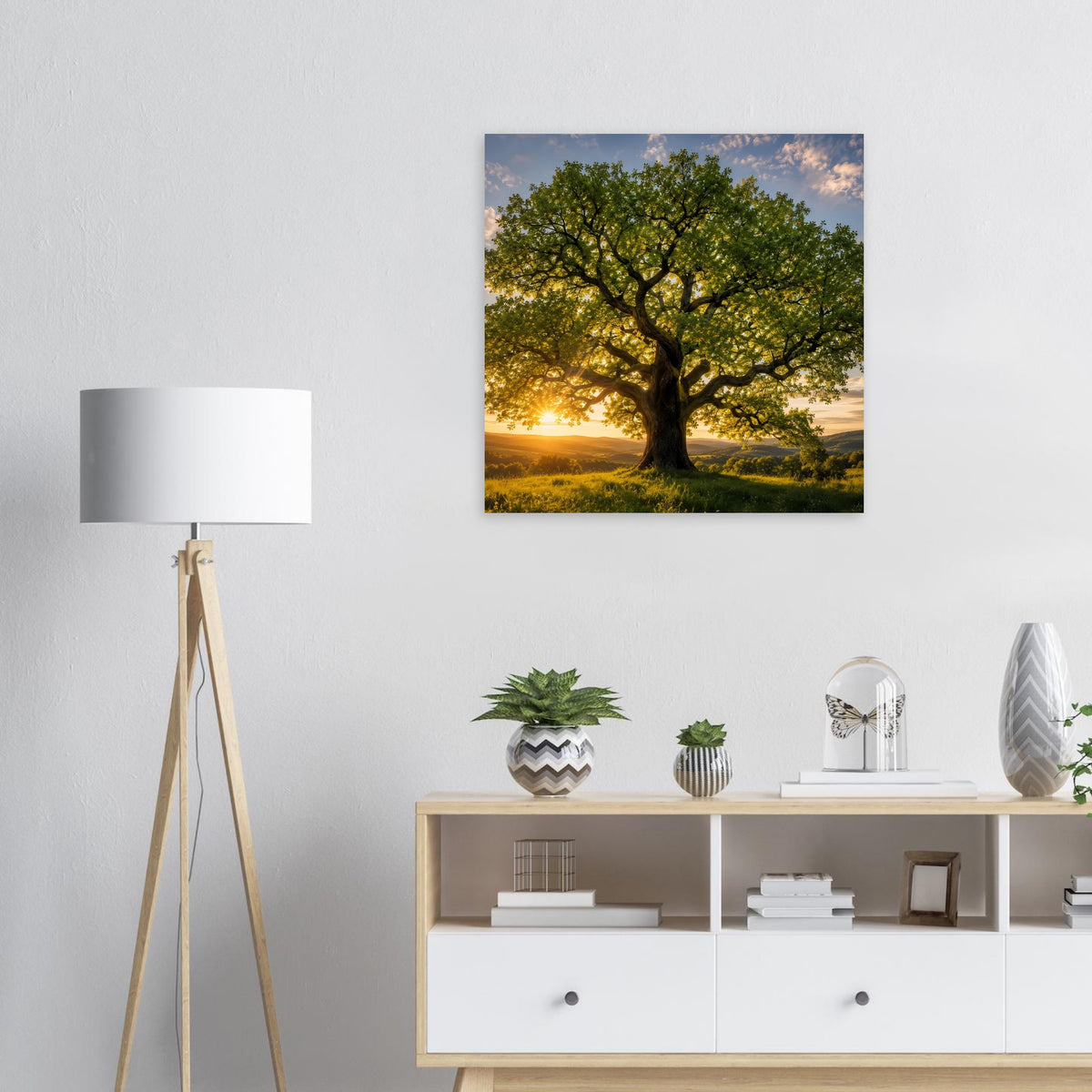 Quadratisches Poster: großer grüner Baum im Sonnenuntergang-Landschaftsbild