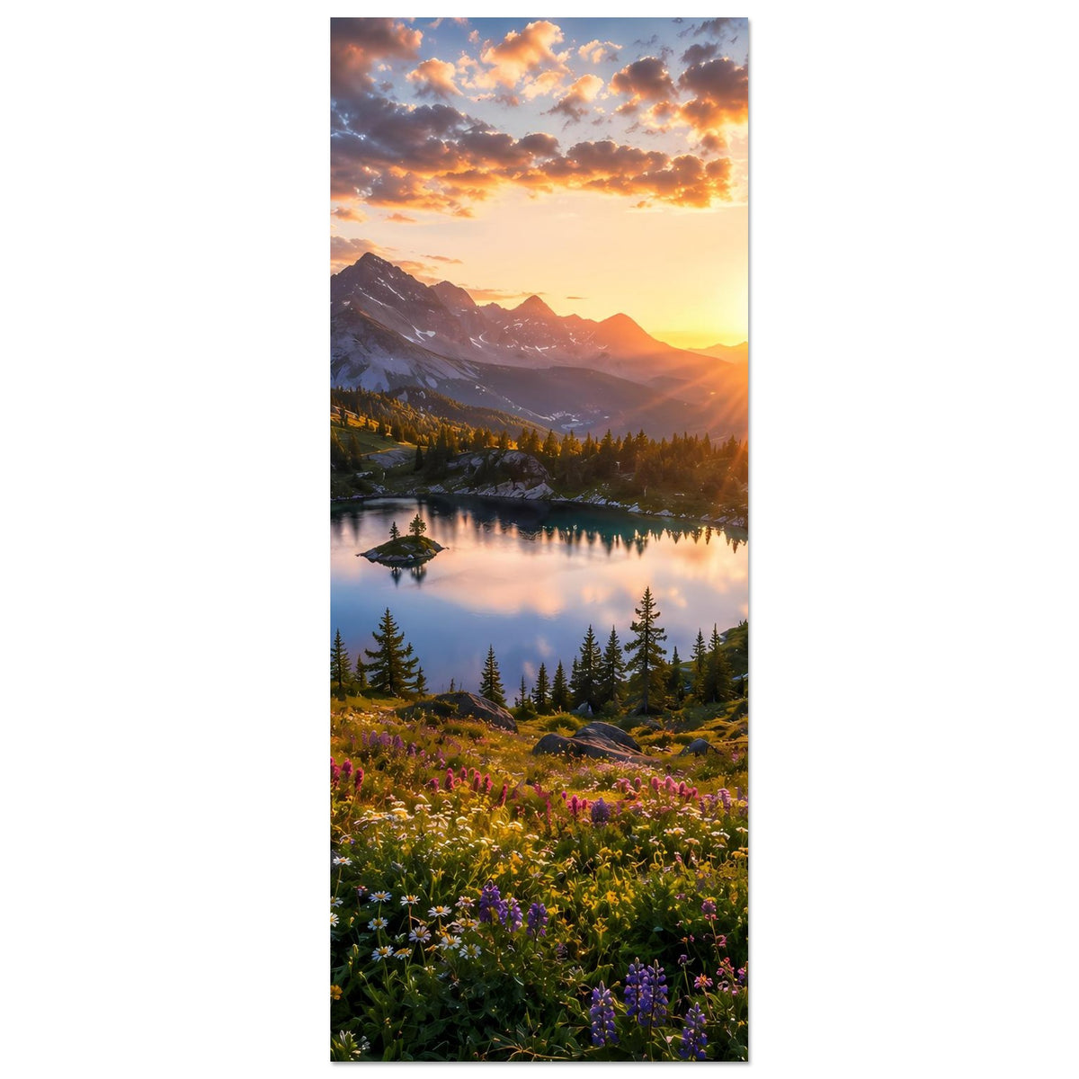 Hochformat-Poster mit Sonnenuntergang, Bergsee, Tannen und blühender Wiese