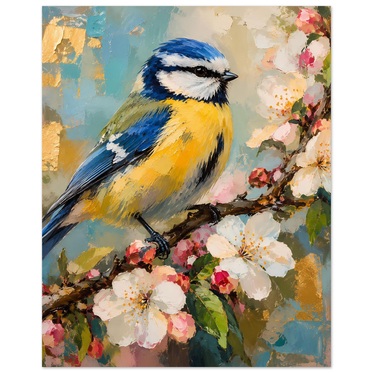 Vogelkunst-Poster im Hochformat: blau-gelbe Meise auf Ast mit weißen Blüten