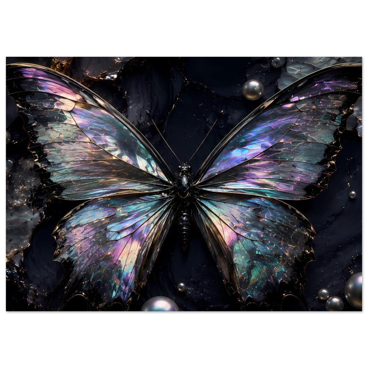 Poster mit schillerndem Schmetterling, symmetrische Flügel in Lila/Blau/Grün vor dunklem Hintergrund
