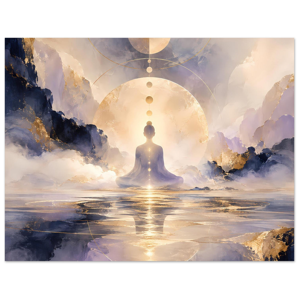 Meditationsposter horizontal: ruhende Silhouette, Goldmond und Kreisornamente über Wasserlandschaft.