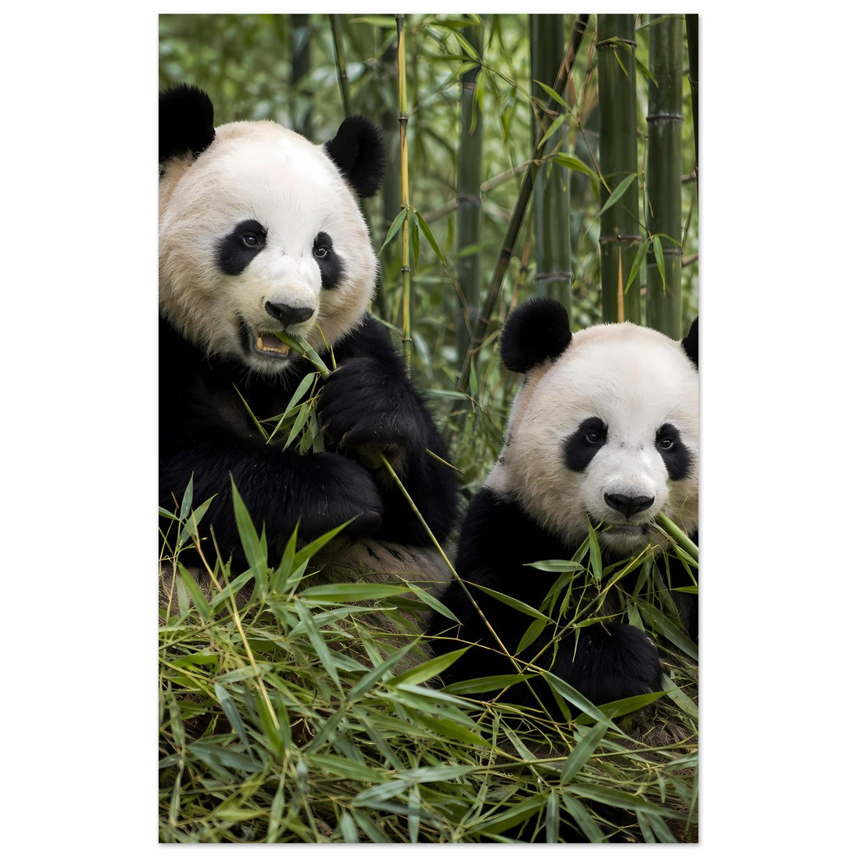 Panda-Duo-Poster im Hochformat: Panda links halb sichtbar, Panda rechts frontal im Bambus