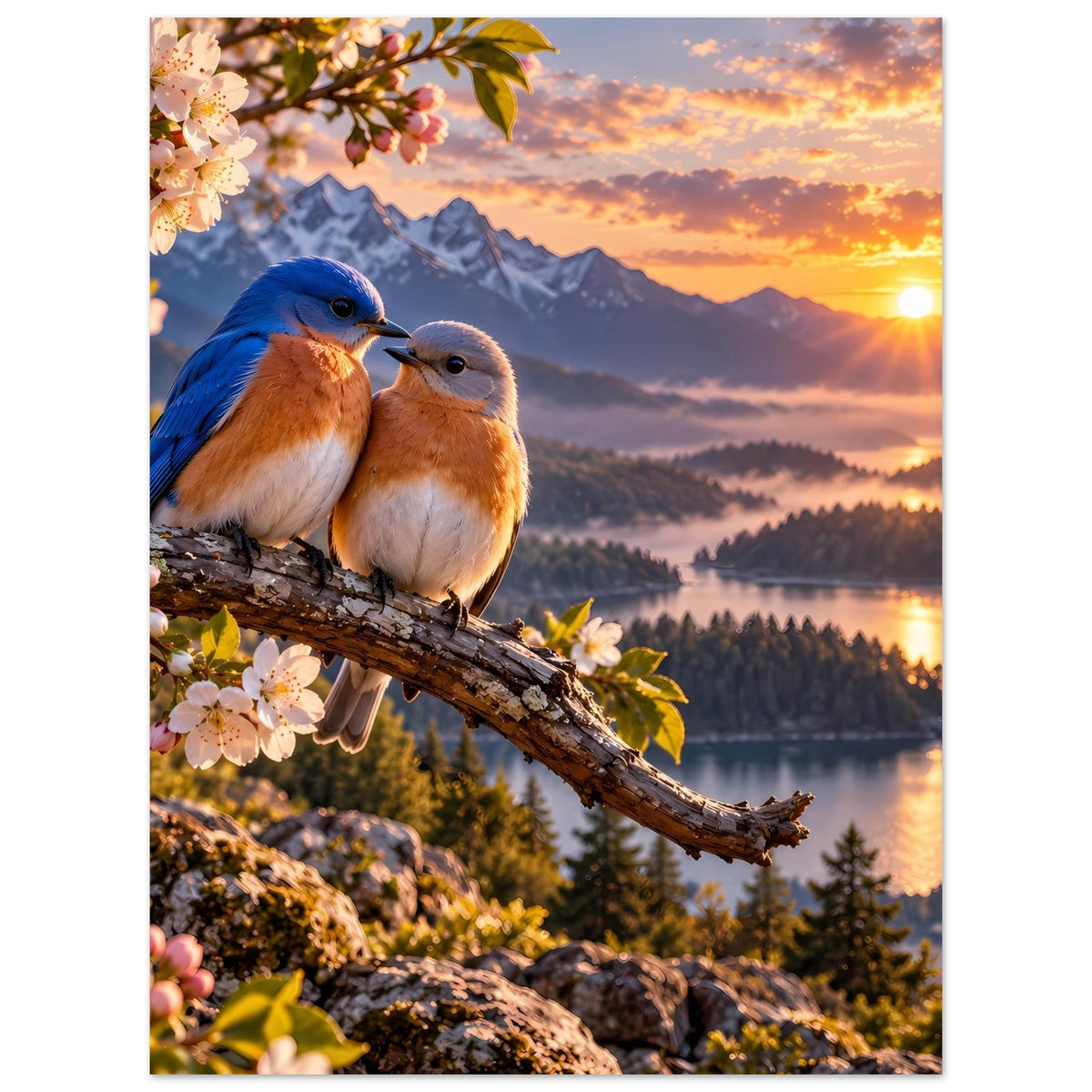 Poster mit zwei Vögeln auf Ast, Blüten links, Sonne im Hintergrund über Bergen und See