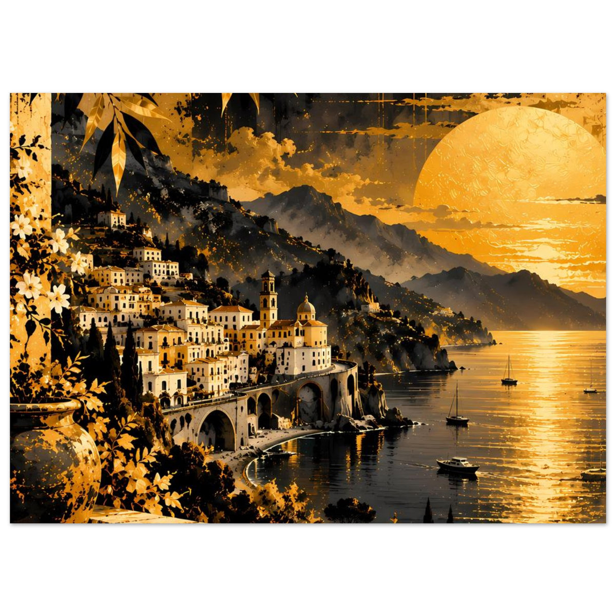 Horizontales Wandposter mit Küstendorf am Meer, Bogenbrücke, goldener Sonnenuntergang