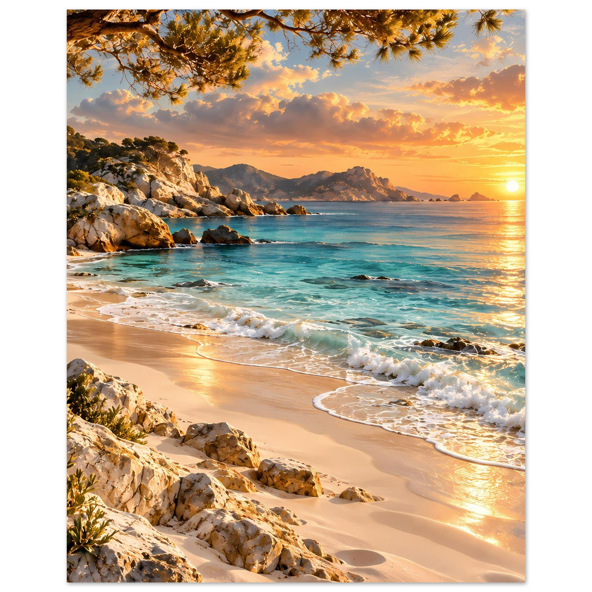 Landschafts-Poster Strand bei Sonnenuntergang mit Zweigen oben, sandigem Ufer und Meer