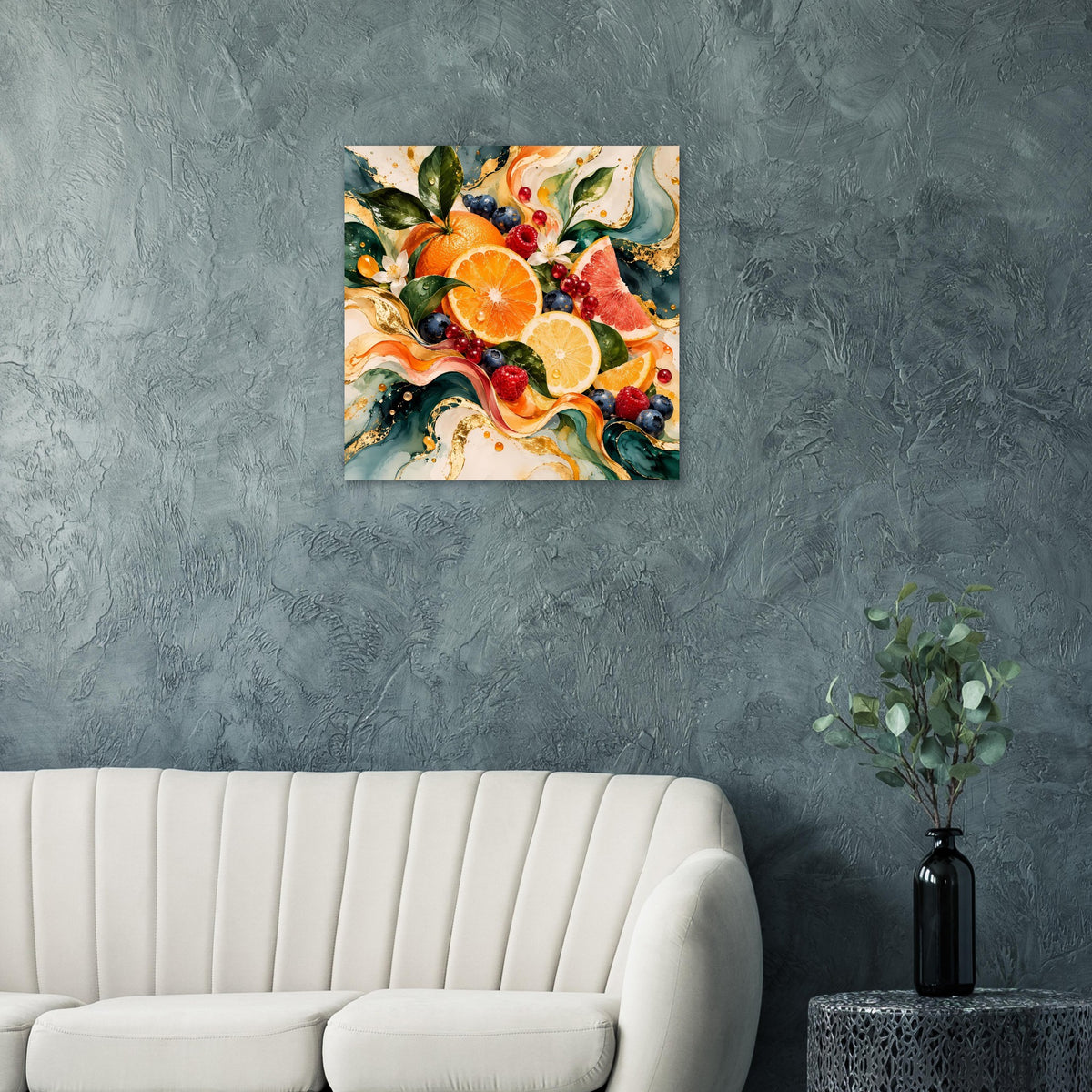 Luxuriöses Premium-Poster mit Obstmotiv aus Zitrusfrüchten, Beeren, Blumen und Blättern