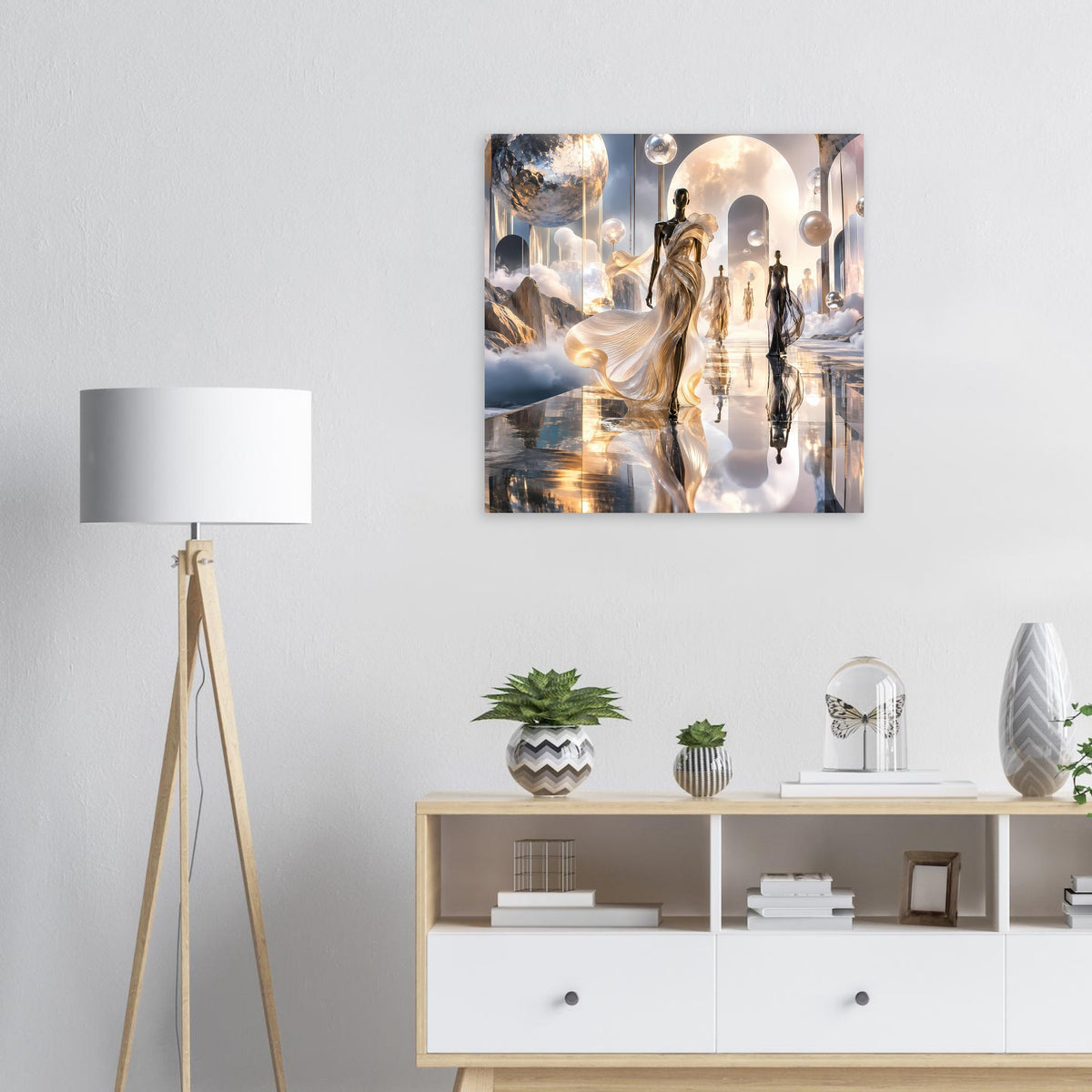 Quadratischer Kunstdruck mit Models, Lichtern und eleganter Spiegelarchitektur.